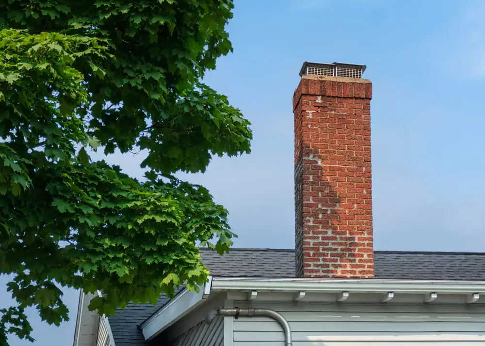 A red brick chimney rises from the roof of a house with gray siding, next to a leafy green tree under a blue sky.