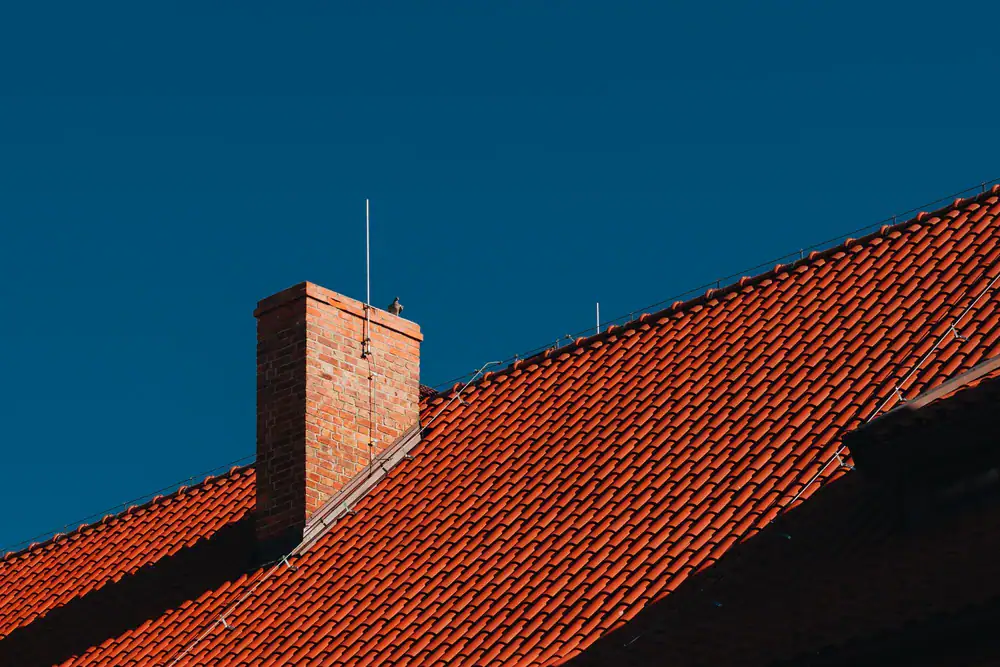 A bird is perched on the brick chimney of a house with a red-tiled roof against a clear, deep blue sky. The sunlight highlights the texture of the roof tiles and chimney.