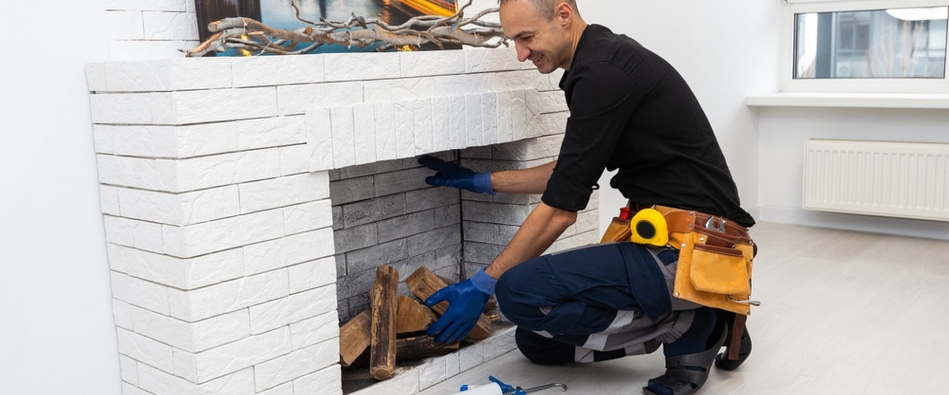 A smiling worker in gloves arranges firewood in a white brick fireplace for Chimney Services Twin Cities.